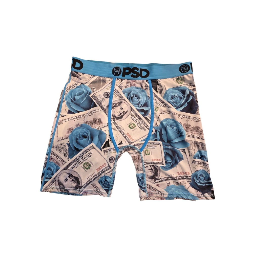 PSD Underwear Mens XL Blue Rose Money Hundred Dollar Bill Boxer Briefs Athletic